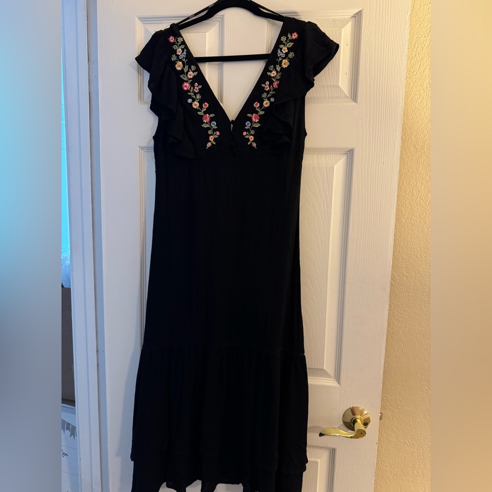Black Floral Embroidered Ruffle Dress